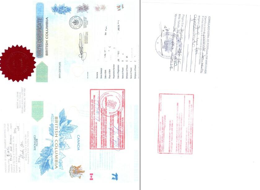 加拿大出生证葡萄牙使馆认证