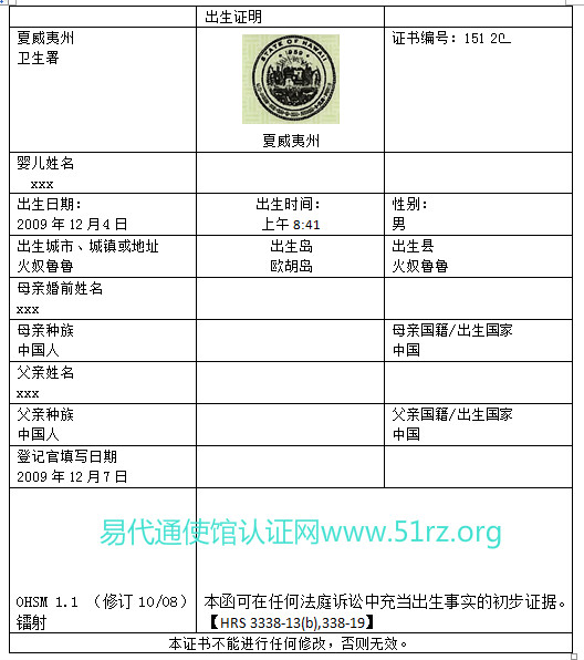 美国夏威夷出生证公证认证